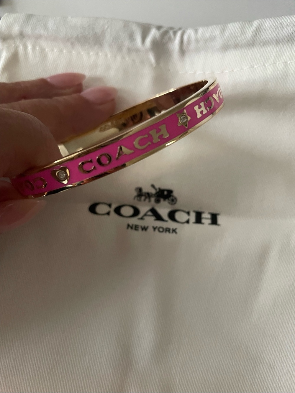 Coach Pink Enamel Logo Bangle with Gold-Tone Accents